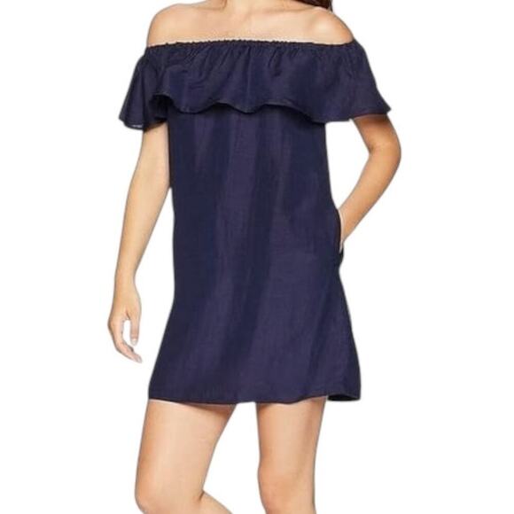 Tommy Bahama St. Lucia Off The Shoulder Ruffle Dress With Navy Blue Medium - Picture 1 of 11